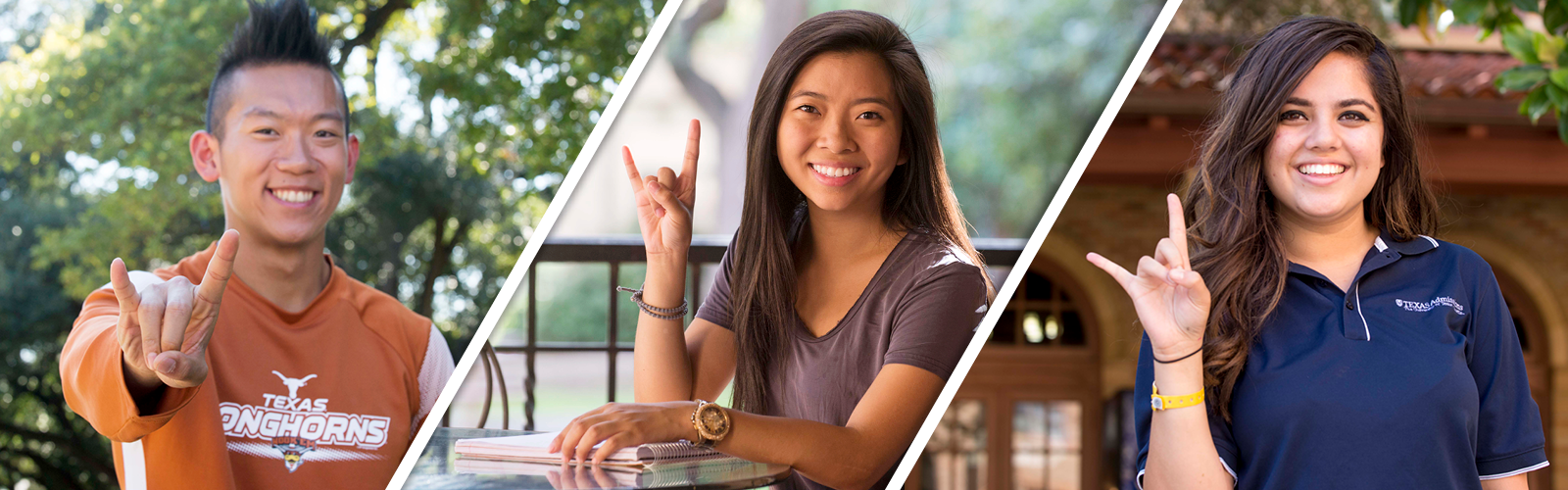 Three University of Texas at Austin students giving the hook 'em hand sign