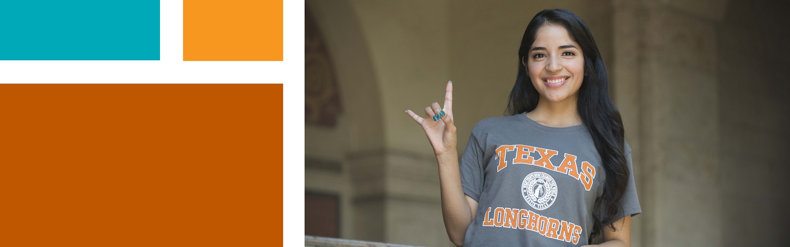 Photo of a UT Austin student showing the Hook 'em Horns hand signal with color block panel