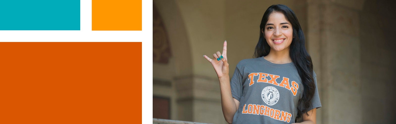 Photo of a UT Austin student showing the Hook 'em Horns hand signal with color block panel