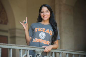 Photo of a college student wearing a Texas Longhorns t-shirt