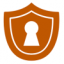 Icon in burnt orange of a shield with a key lock in the middle