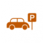 Icon in burnt orange with a car next to a signage depicting parking