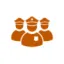 Icon in burnt orange with three figures wearing hats and one of them is wearing a badge